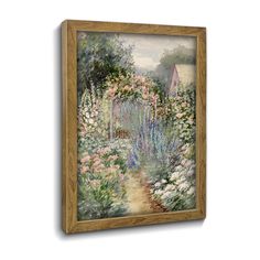 a painting on the wall of a garden with flowers and plants around it, in a wooden frame