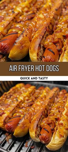 two pictures of hot dogs on a grill with the words, air fryer hot dogs quick and tasty