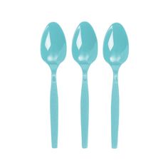 three blue plastic spoons and two forks