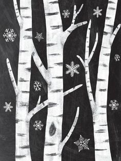 black and white drawing of trees with snowflakes