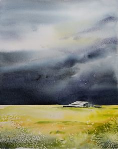 a painting of a house in the middle of a field with storm clouds above it