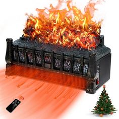 a christmas tree is in front of a fireplace with fire and flames coming out of it