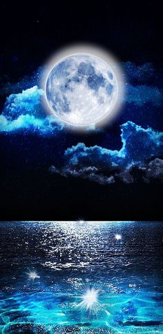 the moon is shining in the sky above the water and clouds are reflected on the water