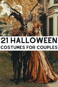 two people dressed up in costumes with the words 21 halloween costumes for couples over them