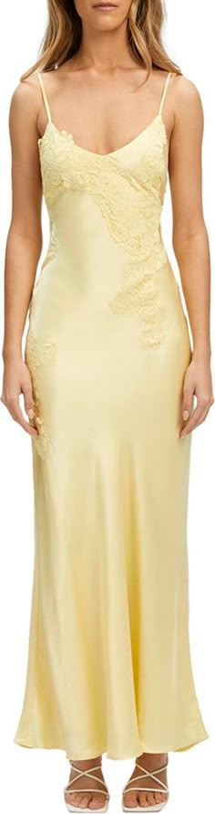 Bardot Avoco Lace Trim Midi Slipdress | Nordstrom Summer Satin Slip Dress With Lace Back, Yellow Bridesmaid Dresses, Prom Dress Inspiration, Canary Yellow, Grad Dresses, Dreamy Dress, Satin Maxi, Satin Maxi Dress, Modern Dress