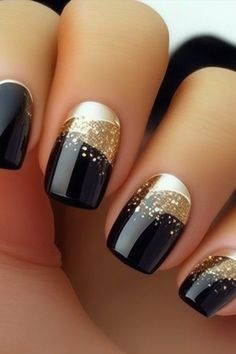 Black With Gold French Tip Nails, Black Gold Leaf Nails, Black And Gold French Manicure, Black And Gold Nye Nails, Black Nails Gold Tips, Black Gold Silver Nails, Gold And Black Nails Ideas, Black And Gold French Nails, Black And Gold Pedicure