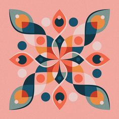 an abstract design on a pink background with blue, orange and red shapes in the center