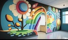 an empty room with colorful murals on the wall