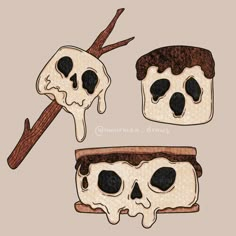 three pieces of bread with chocolate and skulls on them