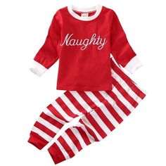 Toddler Christmas outfit in red color with a slogan Santa is going to find out who is Naughty or Nice. Set of long sleeve t-shirt and striped pants. Stripe Pants Outfit, Girls Christmas Pajamas, Toddler Christmas Outfit, Boys Christmas Outfits, Matching Christmas Pajamas, Stripe Pants