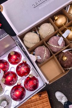 a box filled with lots of christmas ornaments