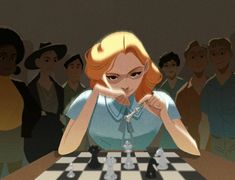 a woman sitting at a table with chess pieces in front of her and people behind her