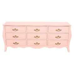 a pink dresser with gold trimmings on the top and bottom drawers, against a white background