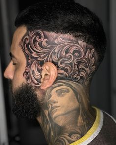 Money Filigree Head Tattoo Filigree Head Tattoo, Side Head Tattoo Men, Money Filigree, Full Head Tattoo Men, Filigree Neck Tattoo, Back Head Tattoo, Side Of Head Tattoo Men, Sideburn Tattoo Guys, Side Head Tattoo