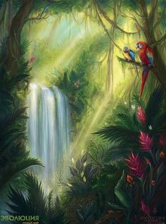 a painting of two parrots sitting on a tree branch in front of a waterfall