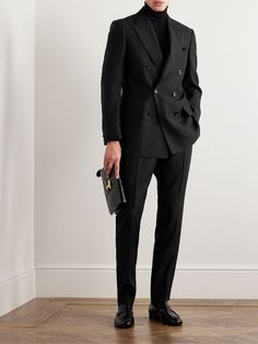 TOM FORD Slim-Fit Wool and Silk-Blend Suit Trousers for Men | MR PORTER Men’s Suit Designs, Wattpad Suit Men, Elegant Dress For Man, How To Style Suits For Men, Suit Styling For Men, Black Suit Styles For Men, All Black Suits For Men, Man Suit Outfit, Suit Men Ideas