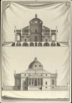 two drawings of the same building in different stages of construction