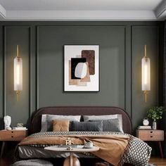 a bedroom with green walls and wooden flooring is furnished with modern furniture, including a large bed