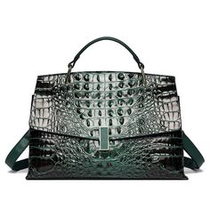 Color: Green Chic Large Satchel Bag, Elegant Green Bags For Fall, Large Top Handle Satchel For Travel, Chic Top Handle Satchel With Crocodile Pattern, Large Elegant Tote Satchel, Large Capacity Green Bag For Fall, Elegant Fall Satchel For Errands, Elegant Satchel For Errands In Fall, Green Crocodile Pattern Top Handle Satchel