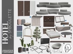 an assortment of furniture and accessories for a hotel room or office space with text below