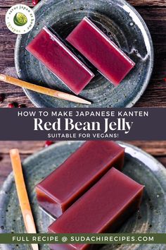 Two rectangular shaped slices of mizu yokan on a green plate with wooden Japanese sweets pick Mizu Yokan, Japanese Jelly, Red Bean Dessert, Japanese Vegetarian Recipes, Red Beans Recipe, International Desserts, Jelly Desserts, Sweet Red Bean, Jelly Recipe