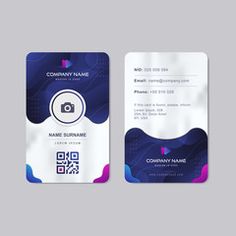 two business cards with abstract shapes on the front and back, one is white and blue