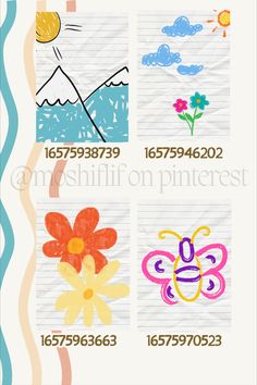 an image of children's drawings on paper with numbers and symbols in them, including flowers