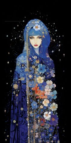 a woman with blue hair and flowers on her head is standing in front of stars