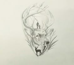 a pencil drawing of a deer and a man