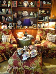 a living room filled with furniture and bookshelves covered in lots of bookcases