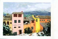 a painting of some buildings with mountains in the background