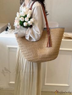 Bird in Bag - Decorative Straw Bag - Ideal for Summer Beach Trips Beige Shoulder Bag For Shopping On Vacation, Beige Shoulder Bag For Vacation Shopping, Casual Bucket Beach Bag For Shopping, Beige Beach Season Shopping Bag, Summer Shopping Bag With Braided Handles, Large Capacity White Shoulder Bag For Summer, Large Capacity Tote Beach Bag For Vacation, Casual Shoulder Bag For Beach Shopping, Casual Beach Bag With Double Handle