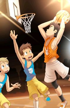 three men playing basketball in an indoor court with lights shining on the floor behind them