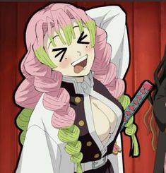 two anime characters one with pink hair and the other wearing green wigs, standing next to each other