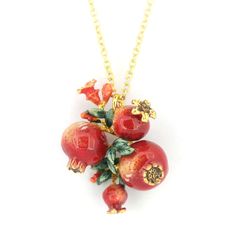 Orange Fruit Jewelry, Red Handmade Jewelry, Unique Gemstone Jewelry, Gold Floral Jewelry, Unique Jewelry Necklaces, Pomegranate Accessories, Pomegranate Applique, Persephone Jewelry, Floral Necklace Jewelry