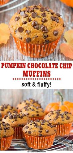 pumpkin chocolate chip muffins on a wire cooling rack with autumn leaves in the background