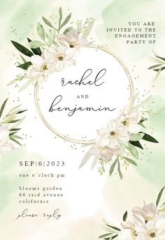 a wedding card with white flowers and greenery in the center, on a green background