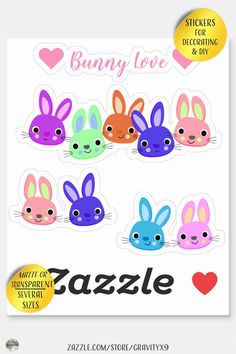 the bunny love stickers are shown in different colors