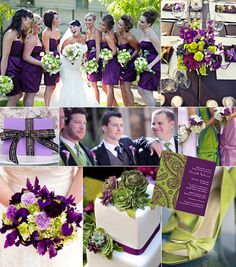 a collage of photos with purple and green wedding colors