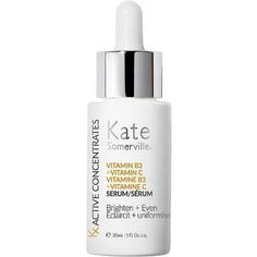 Kate Somerville's Kx Active Concentrates Vitamin B3 + Vitamin C Serum is a high concentrate serum uniquely formulated to powerfully brighten and even skin tone while improving texture and clarity. Inspired by the signature serums formulated at Kate's Skin Health Experts Clinic to treat specific skin concerns, this lightweight serum visibly improves tone, texture and clarity as it brightens skin. Vitamins B + C work together to target discoloration and unevenness, improving radiance and luminosit Skin Vitamins, Kate Somerville, Hyaluronic Serum, Improve Skin Tone, Skin Radiance, Skin Discoloration, Vitamin B3, Vitamin C Serum, Brightening Serum