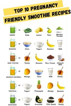 the top 10 pregancy friendly smoothie recipe is shown in this poster, which includes