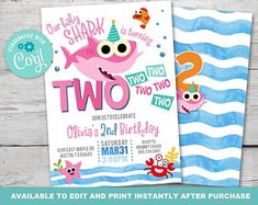 two shark birthday party printables are on the front and back of this card