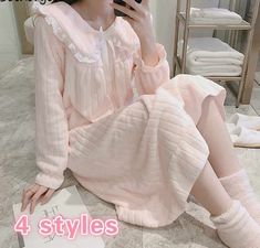 Kawaii Sleepwear, Pajama Winter, Korean Sleepwear, Princess Attire, Pijama Set, Winter Pajamas Women, Night Wear Dress, Winter Sleepwear, Winter Flannel