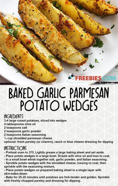 an advertisement for baked garlic parmesan potato wedges on a white plate with green garnish