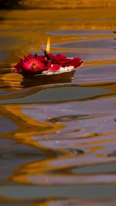 a small boat floating on top of a lake next to a red flower in the water