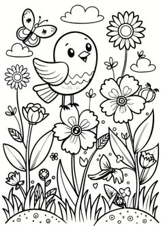 a black and white drawing of a bird sitting on top of flowers in the grass