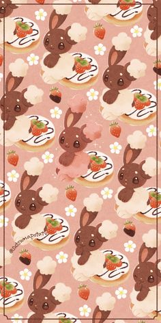 a pink background with brown and white bunnies, strawberries, and chocolate chip cookies