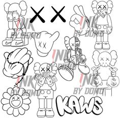 some cartoon characters with the word kaws in black and white on a white background