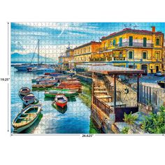 a jigsaw puzzle with boats on the water in front of buildings and houses