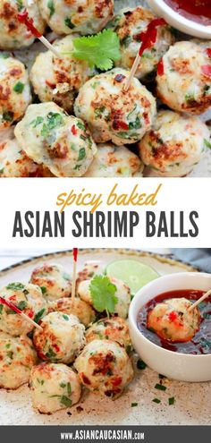 spicy baked shrimp balls on skewers with dipping sauce